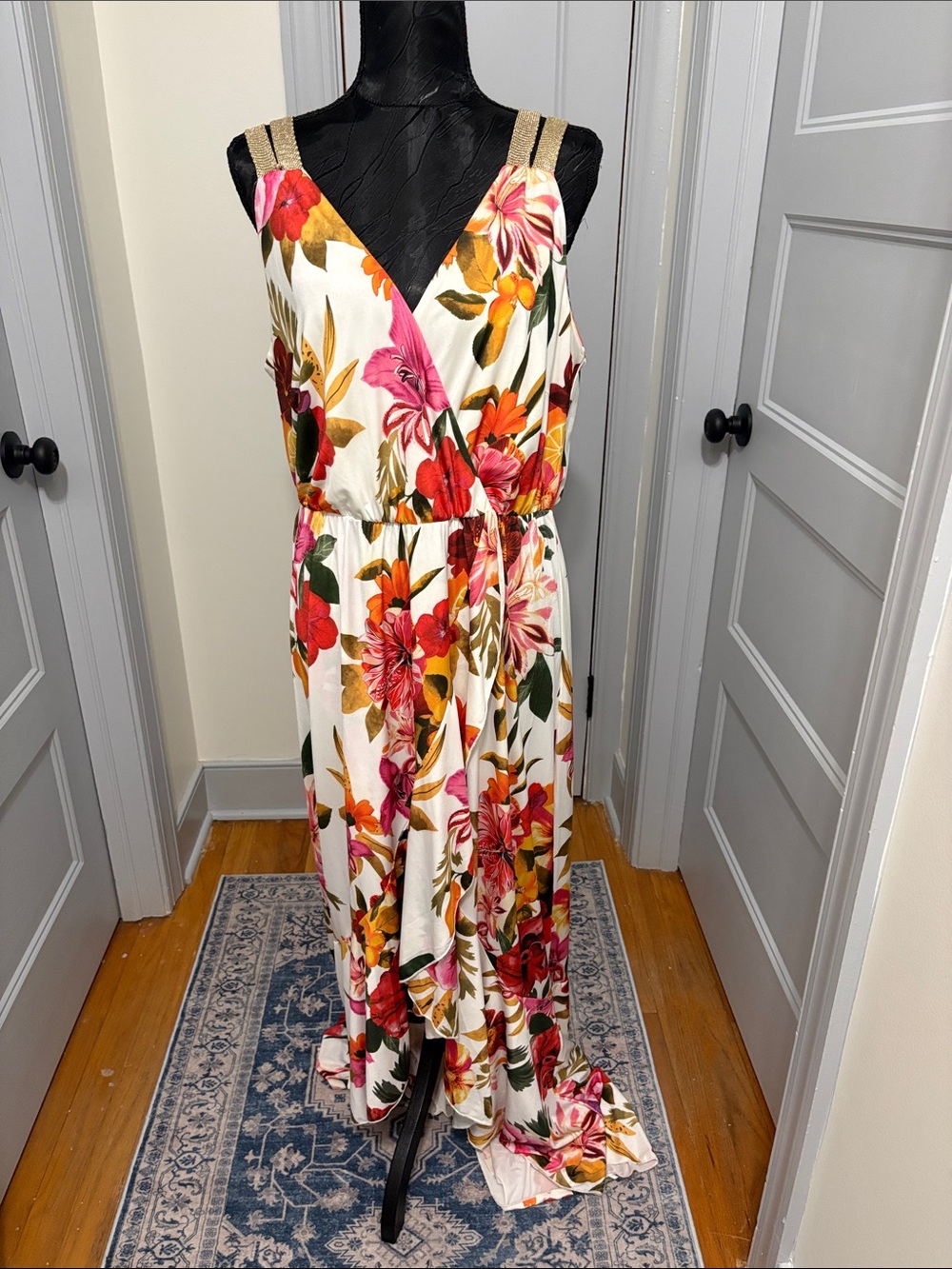 Floral V-Neck Maxi Dress in White with Pink & Orange Flowers